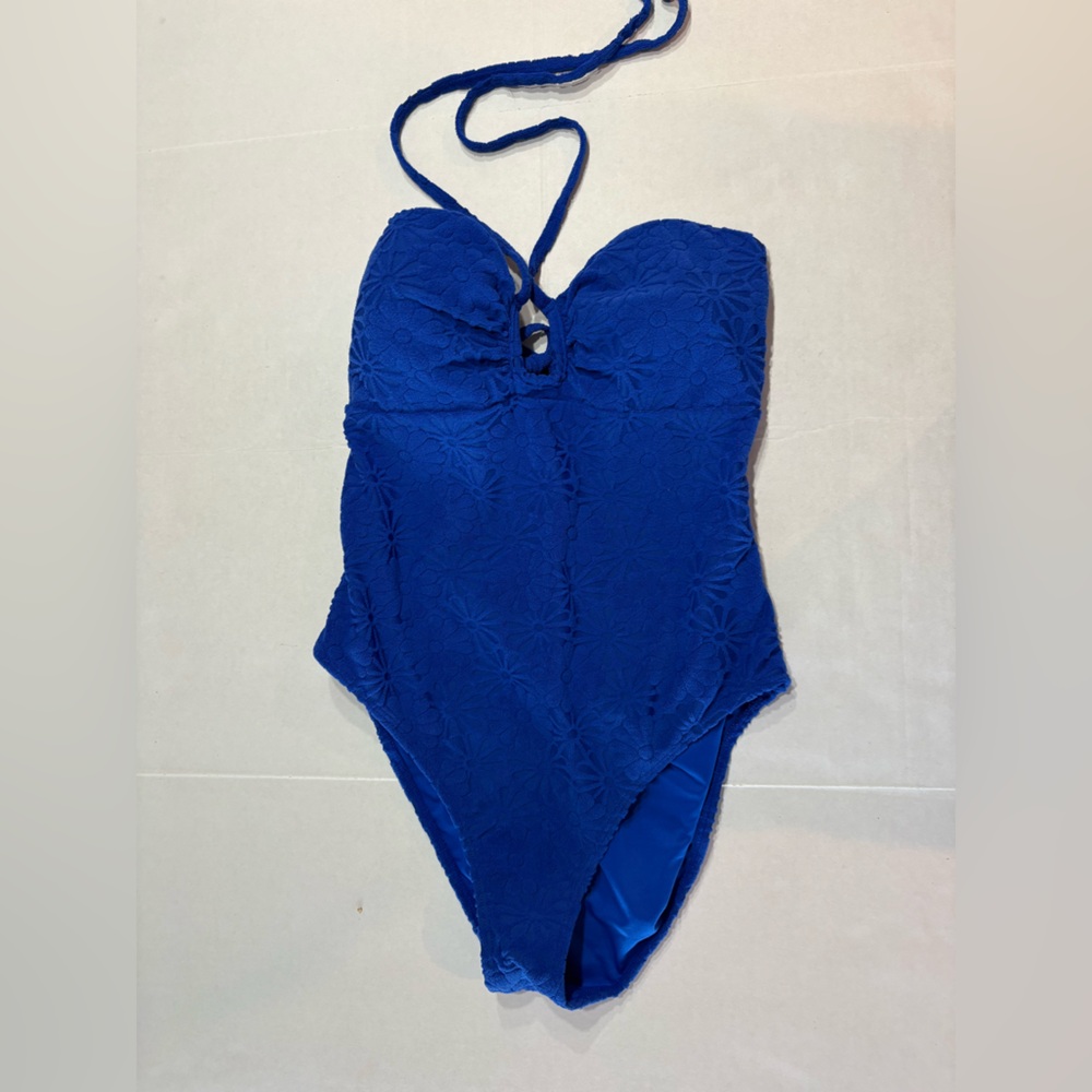 Beach Joy one piece swimsuit, royal blue large, halter tie, soft flock feel used